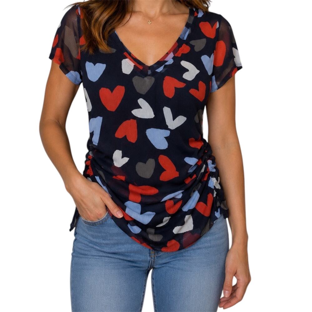INC International Concepts Heart Print Mesh Ruched V Neck Sheer Top Size Large